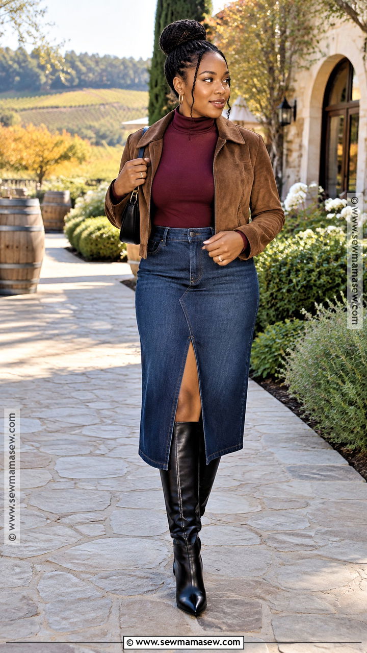 Denim Midi Skirt And Tall Boots Winery Outfit - 20 winery outfit fall ideas for black women