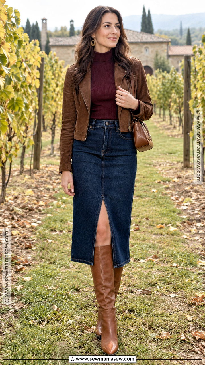 Denim Midi Skirt And Tall Boots Winery Outfit - 20 Fall Outfits Winery