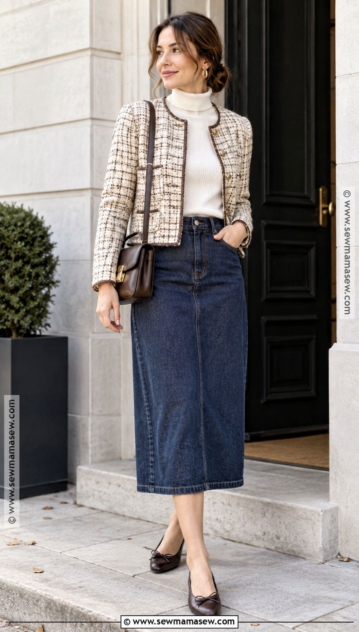 Denim Midi Skirt And Tweed Jacket Church Outfit - 25 autumn church outfits