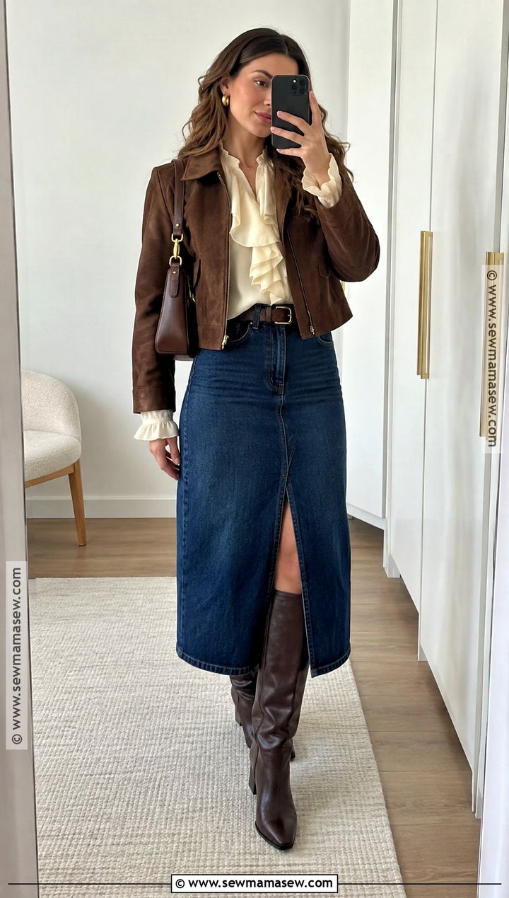 Denim Midi Skirt Autumn Outfit - 20 Feminine Autumn Outfits