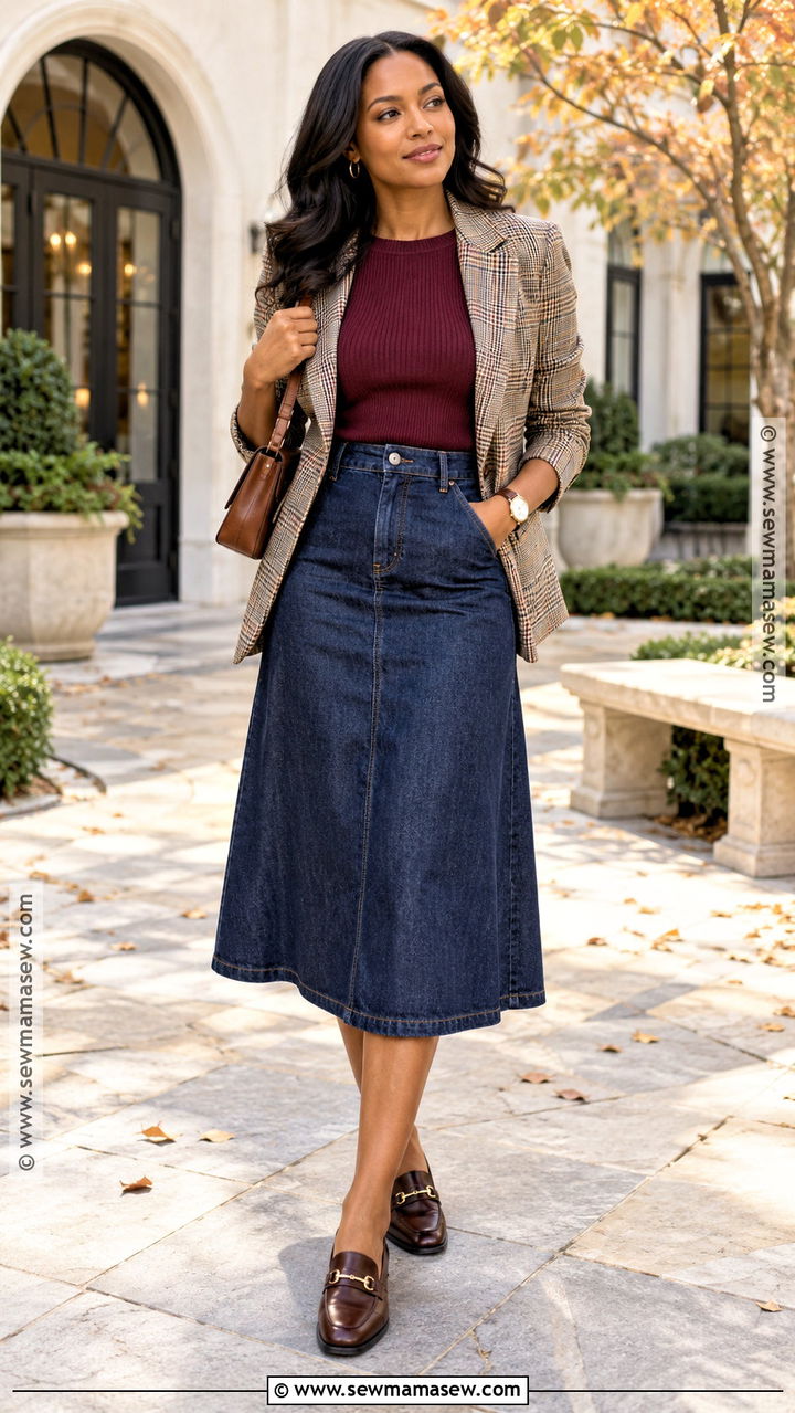 Denim Midi Skirt Church Outfit - 20 Early Fall Church Outfit Ideas