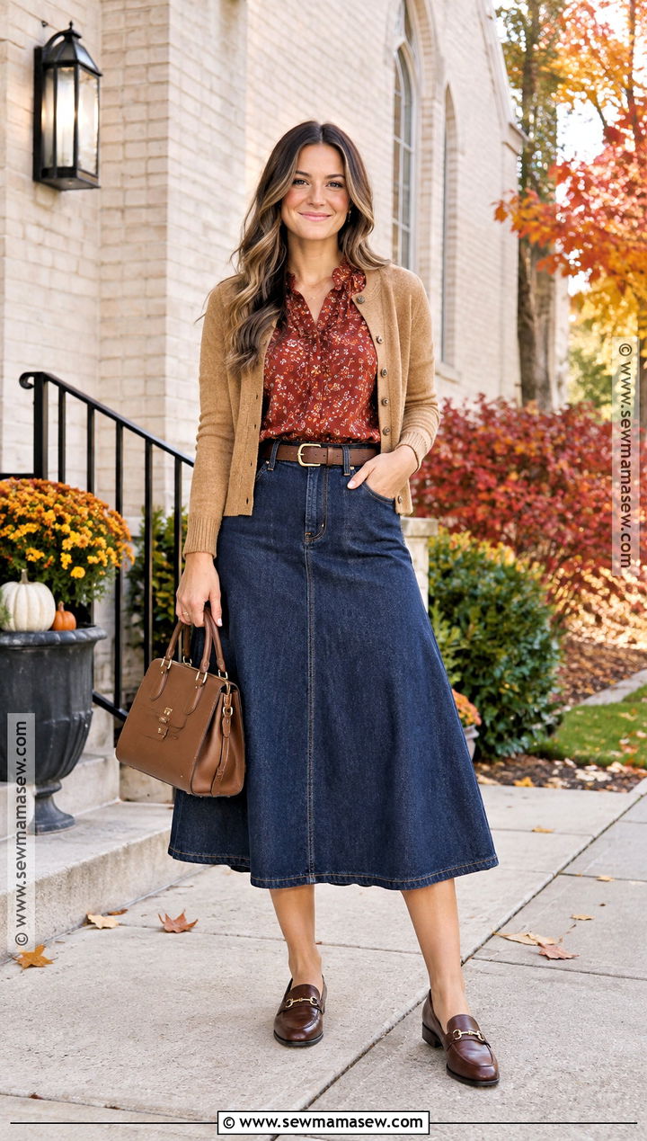 Denim Midi Skirt Church Outfit - 25 fall church outfits for women