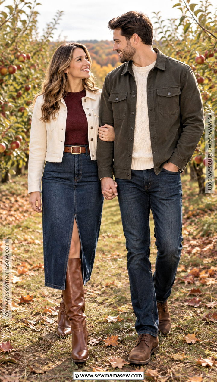 Denim Midi Skirt Fall Engagement Outfit - 15 cute fall engagement outfits