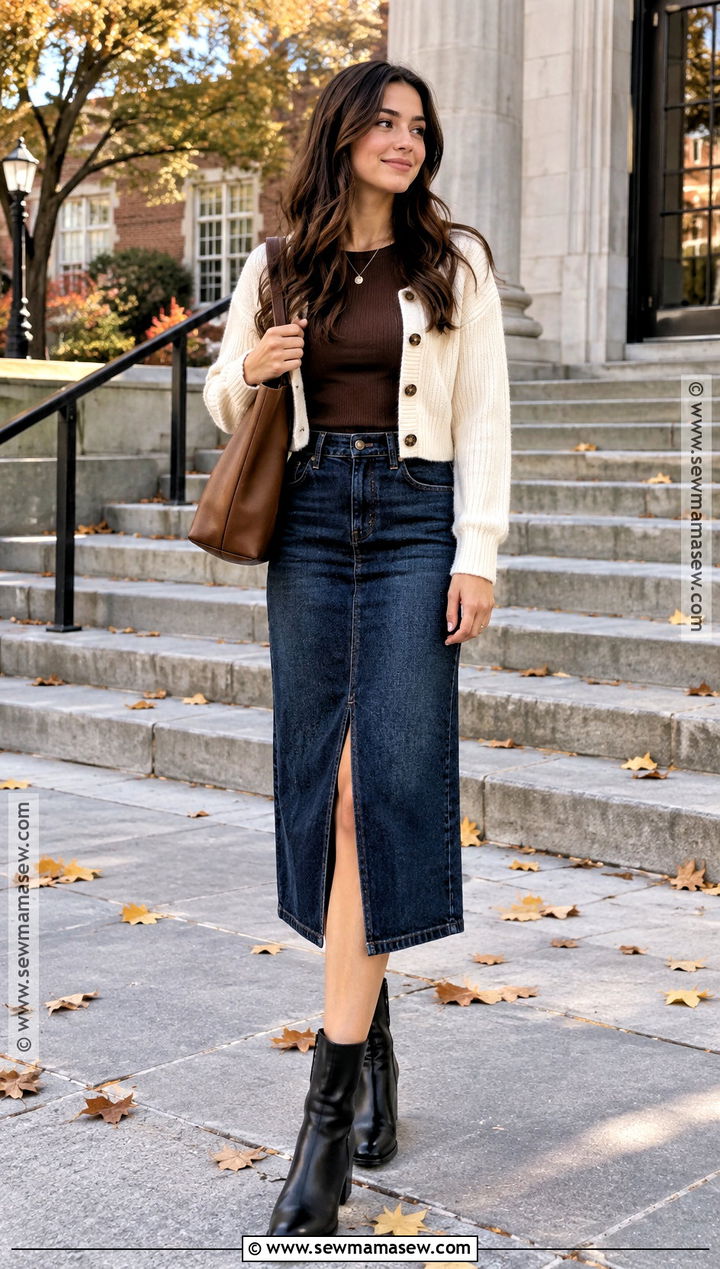 Denim Midi Skirt Fall School Outfit - 25 Fall School Fits