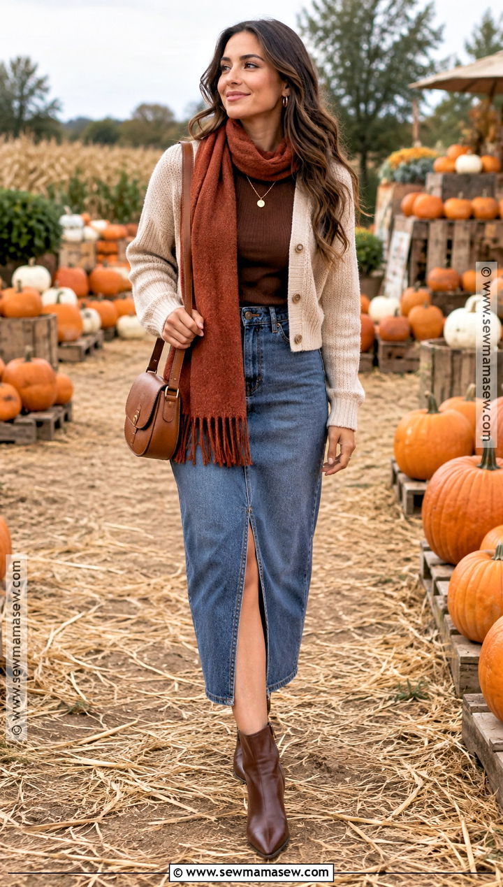 Denim Midi Skirt Pumpkin Patch Outfit - 20 skirt pumpkin patch outfit ideas