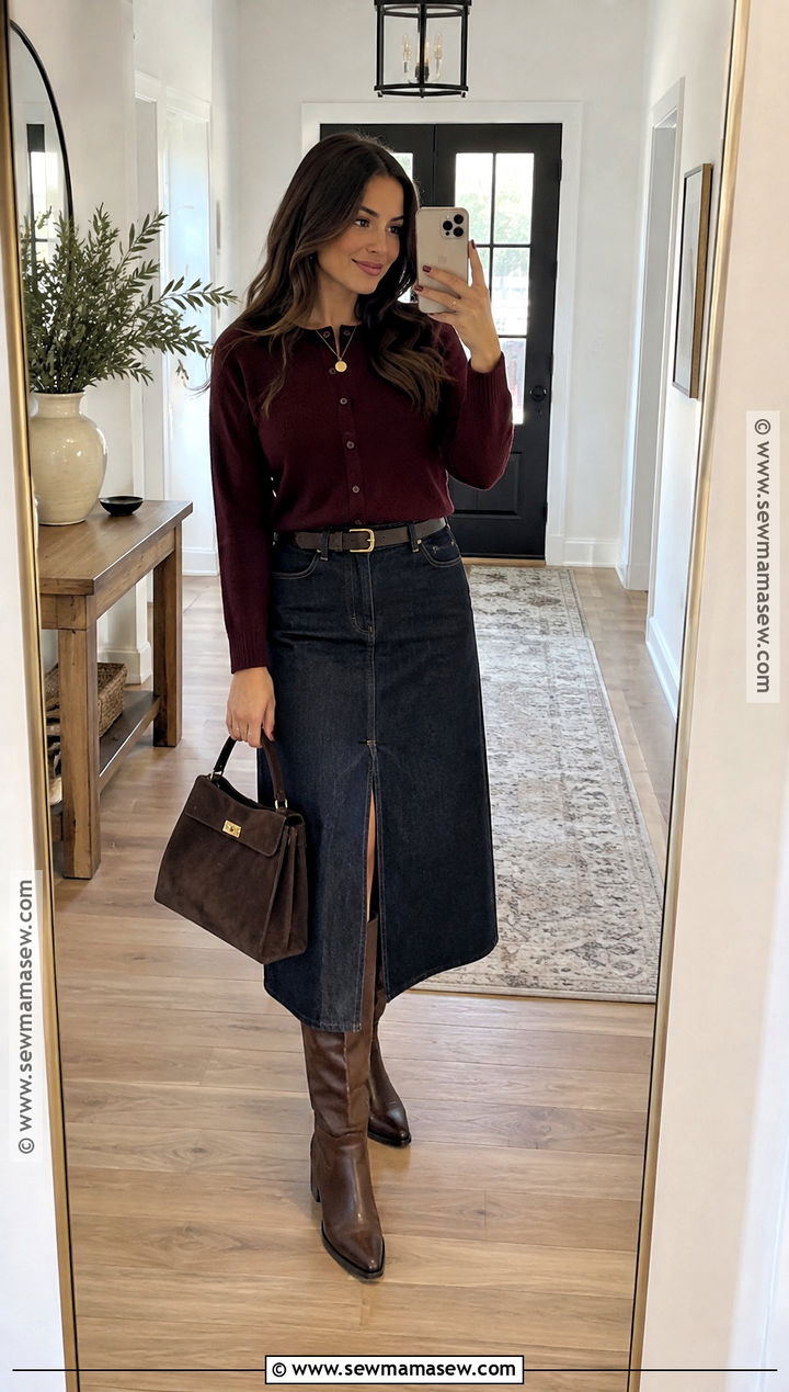 Denim Midi Skirt Thanksgiving Outfit - 15 cute fall thanksgiving outfits