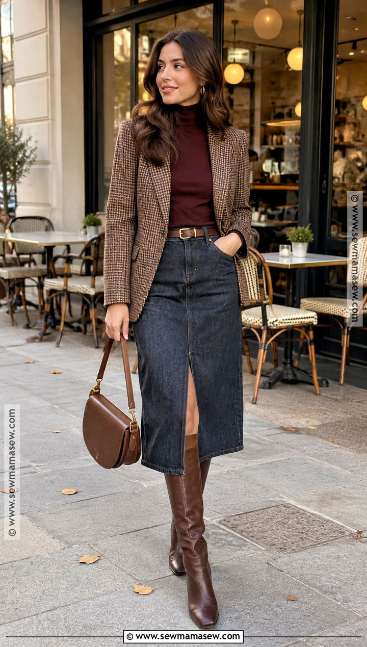 Denim Midi Skirt Turtleneck Afternoon Drinks Outfit - 15 afternoon drinks outfit autumn ideas