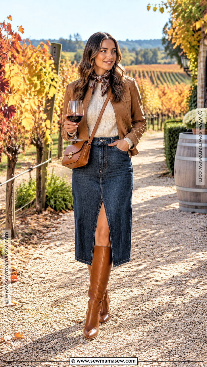 Denim Midi Skirt Wine Tasting Outfit - 20 Wine Tasting Fall Outfit Ideas