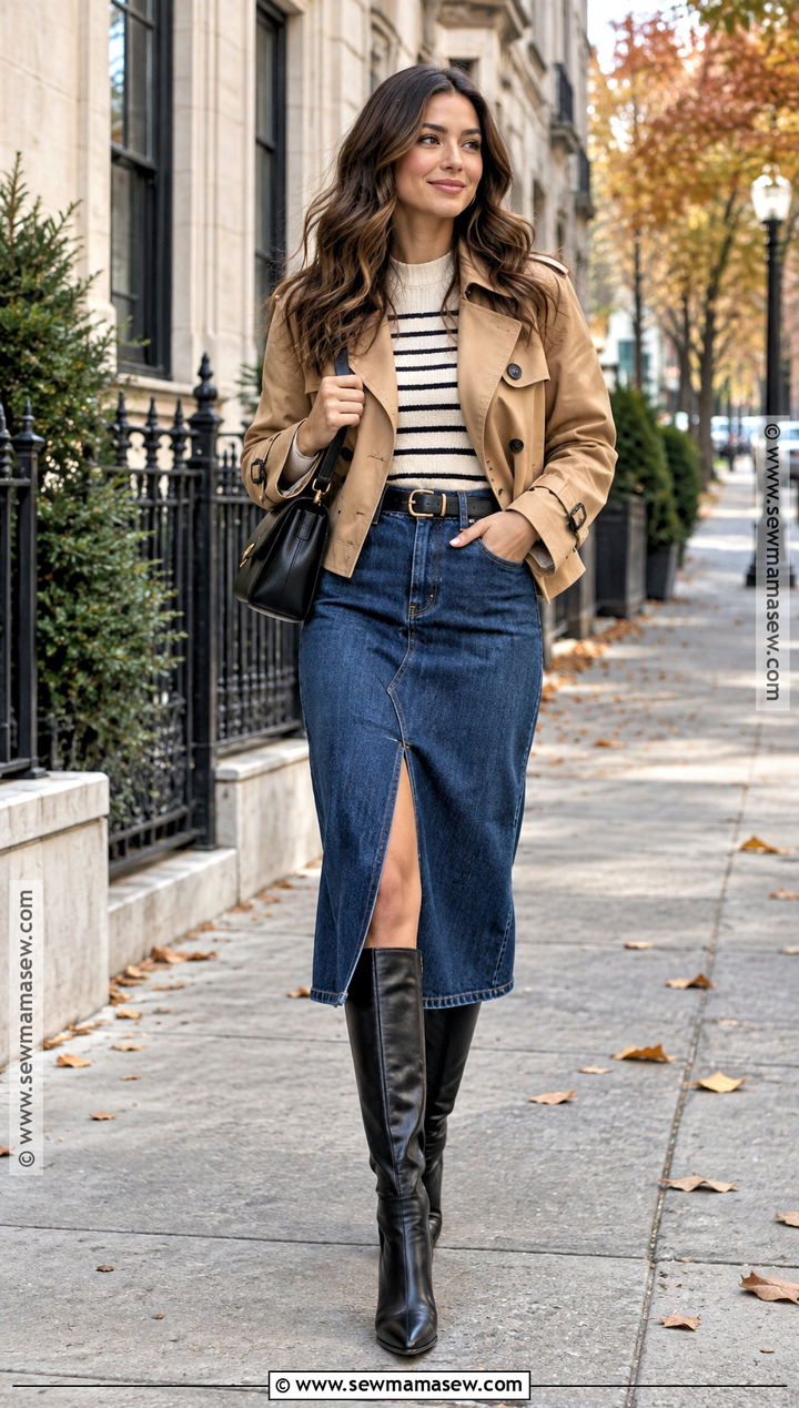 Denim Midi Skirt With Black Knee High Boots - 20 fall outfits with black boots
