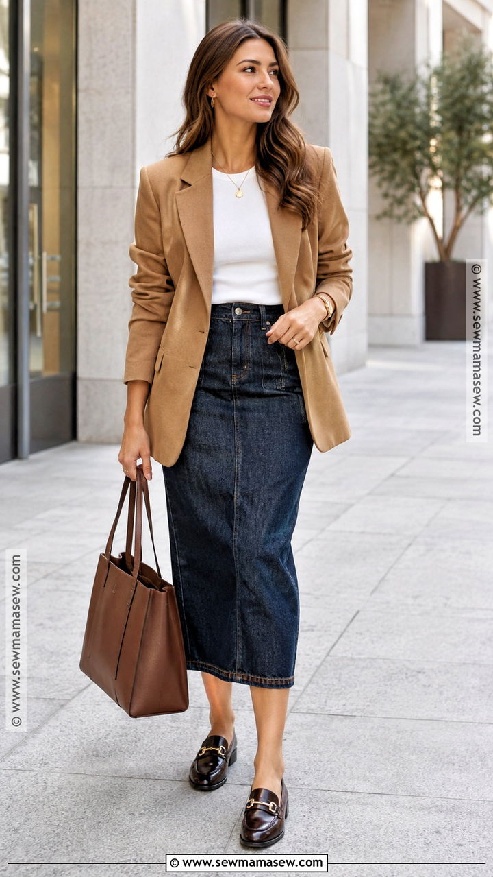 Denim Midi Skirt With Blazer And Loafers - 20 autumn denim skirt outfit ideas