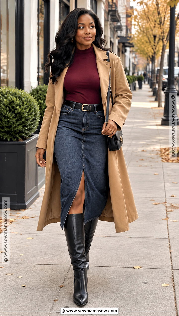 Denim Midi Skirt With Bodysuit And Trench Coat - 15 datenight fall outfits for black women
