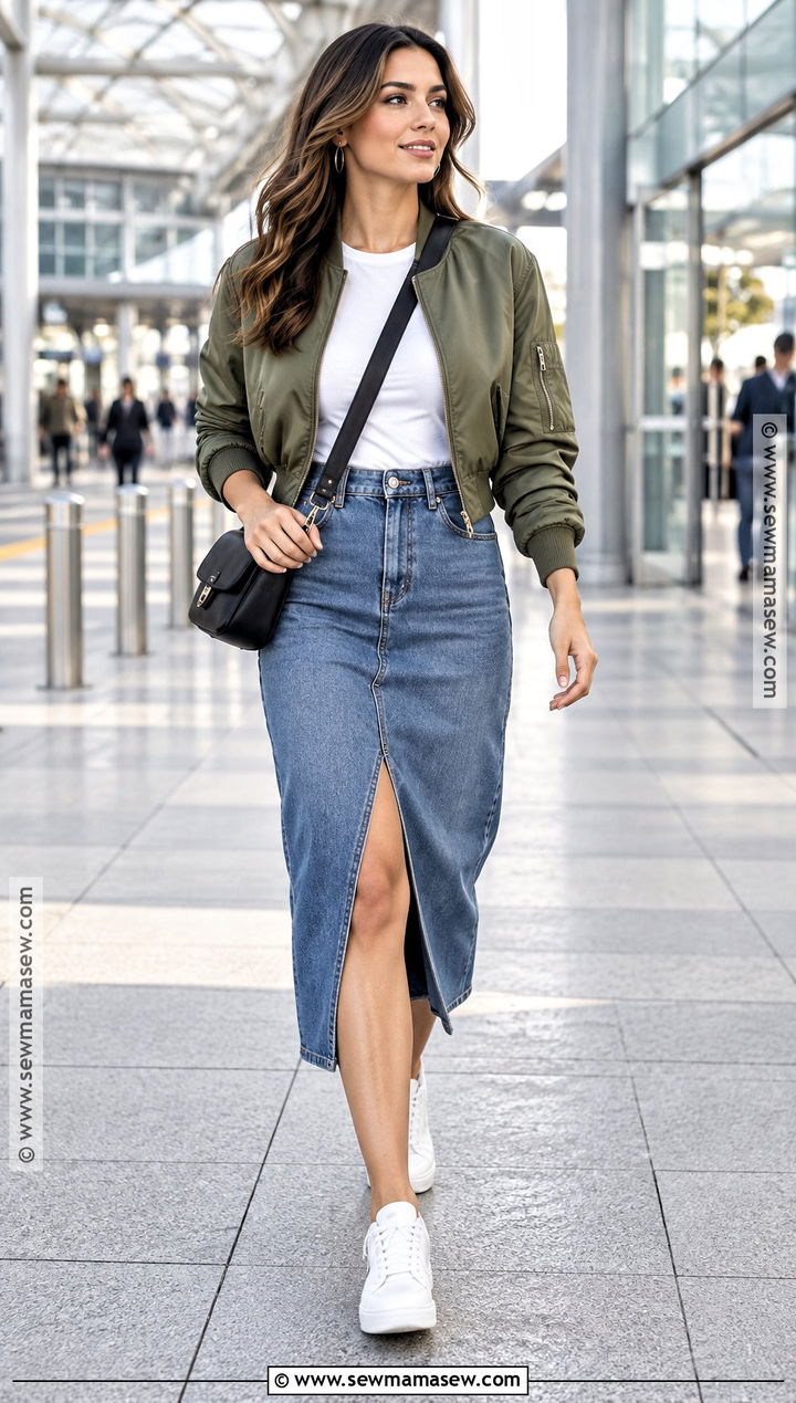 Denim Midi Skirt With Bomber Jacket And Sneakers - 25 denim skirt fall outfits