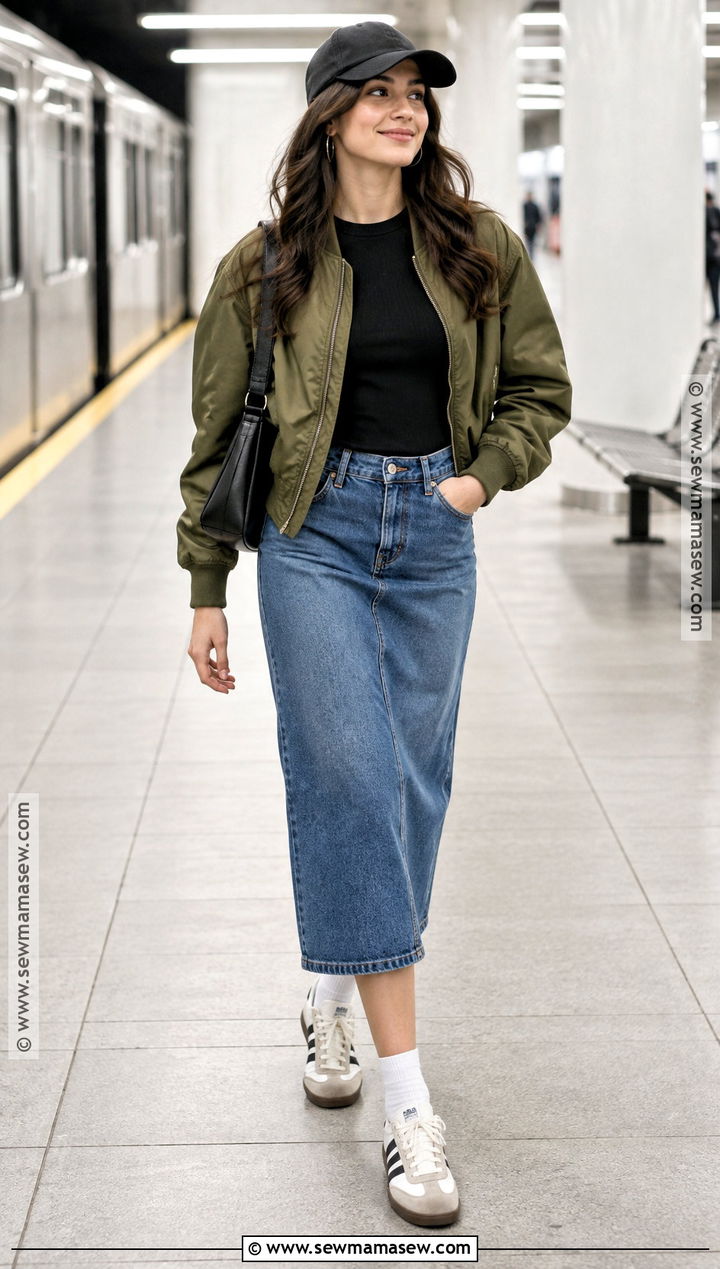 Denim Midi Skirt With Bomber Jacket - 20 Denim Skirt Outfits Fall
