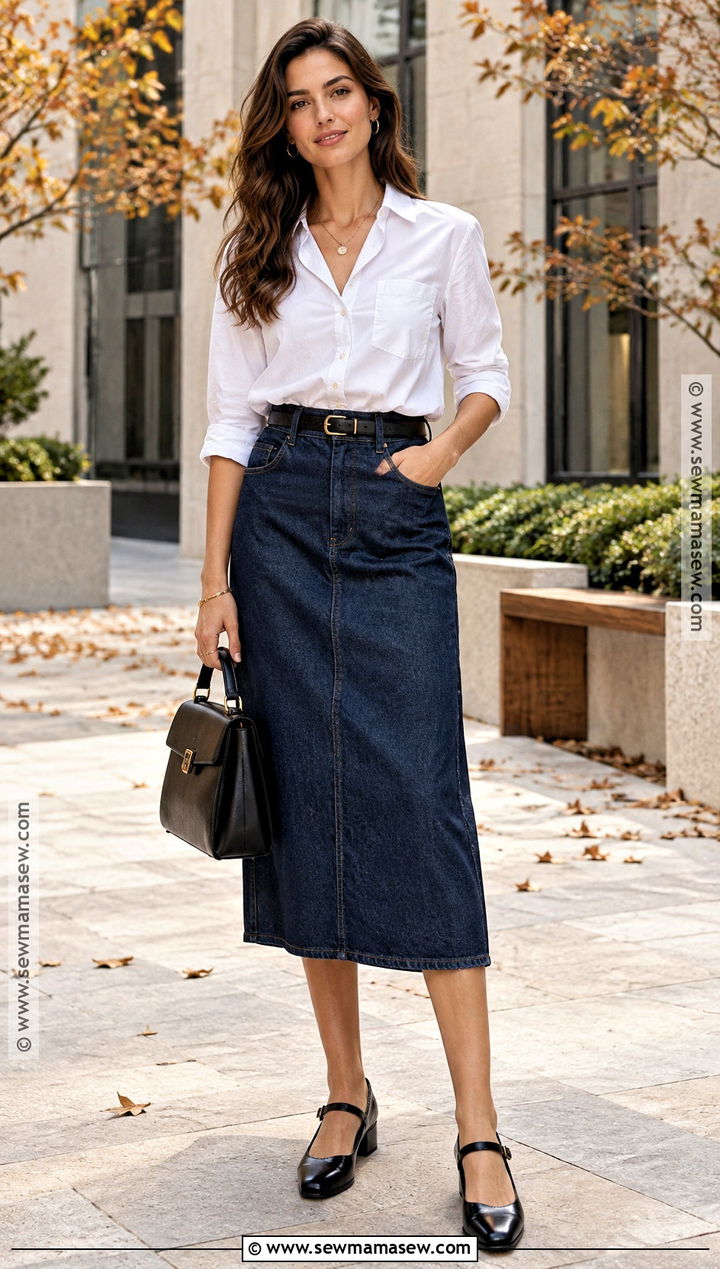 Denim Midi Skirt With Button Down Shirt And Mary Janes - 25 denim skirt fall outfits