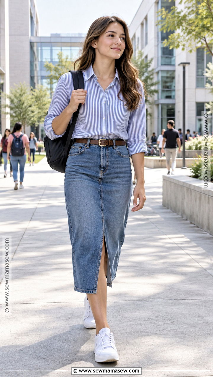 Denim Midi Skirt With Button Down Shirt And Sneakers - 20 Back To School Skirt Outfits