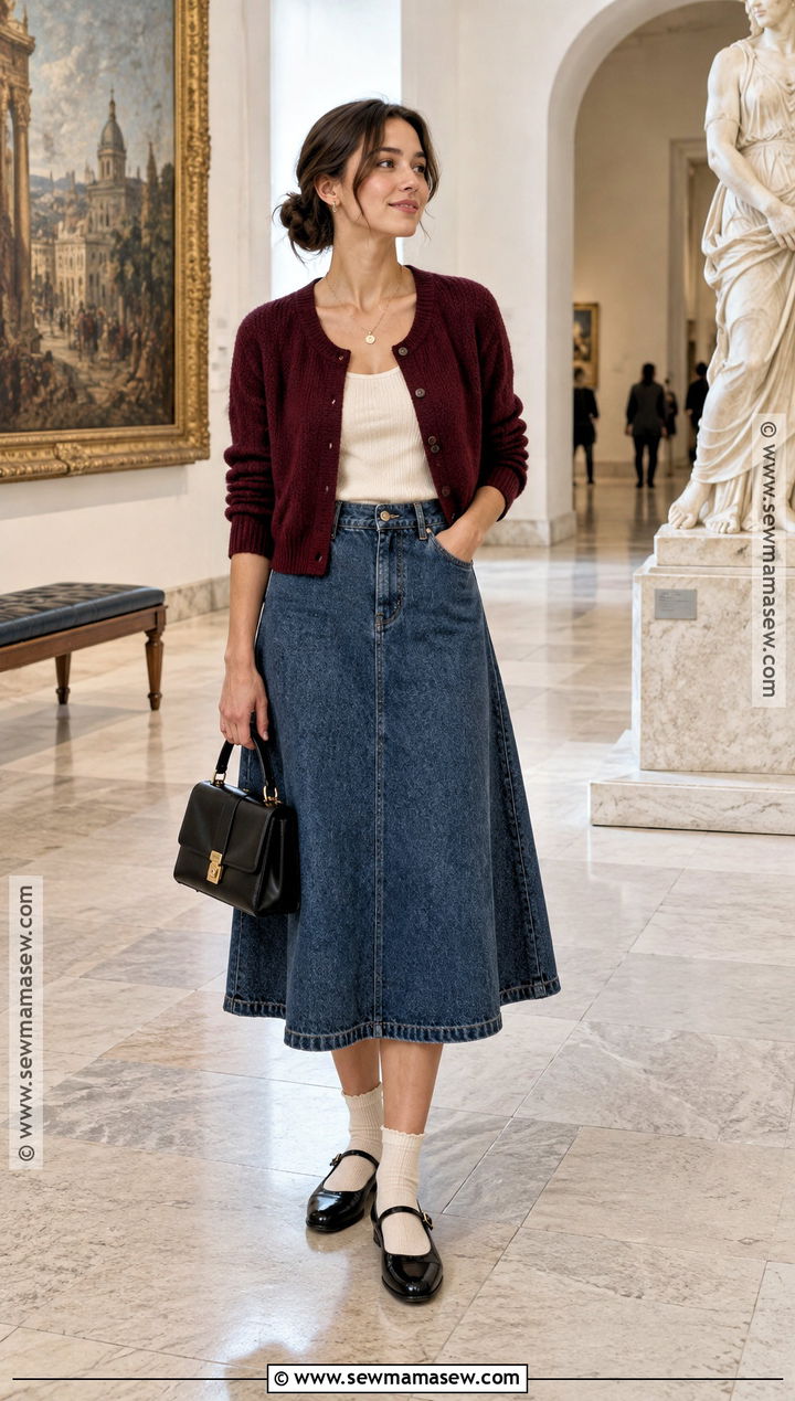 Denim Midi Skirt With Cardigan And Ballet Flats - 20 denim midi skirt outfit fall ideas