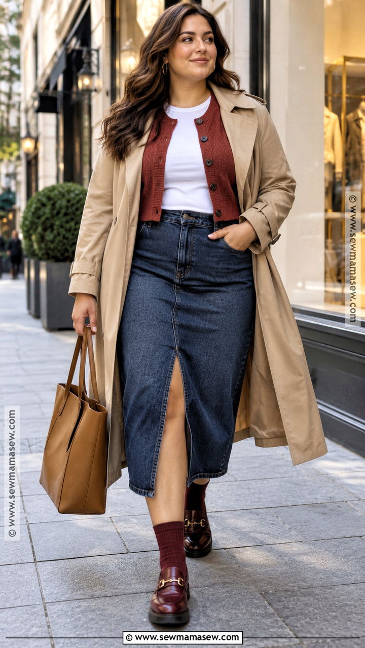 Denim Midi Skirt With Cardigan And Loafers - 20 Fall Skirt Ideas