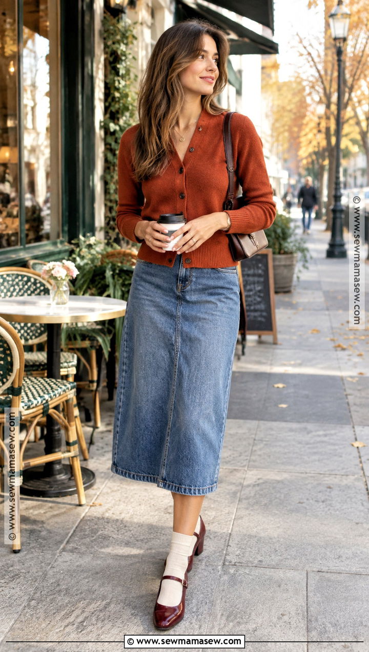 Denim Midi Skirt With Cardigan And Mary Jane Flats - 20 denim skirt outfit autumn ideas