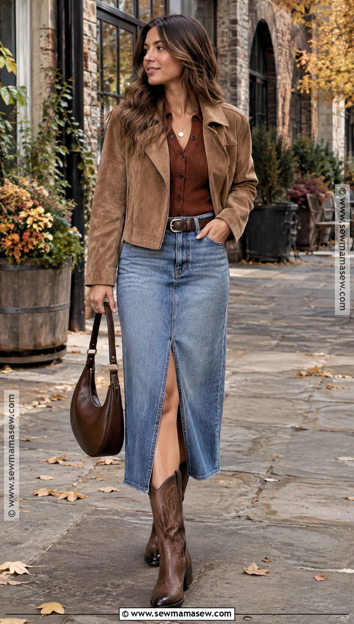 Denim Midi Skirt With Cardigan And Western Boots - 20 Fall Fits With Boots