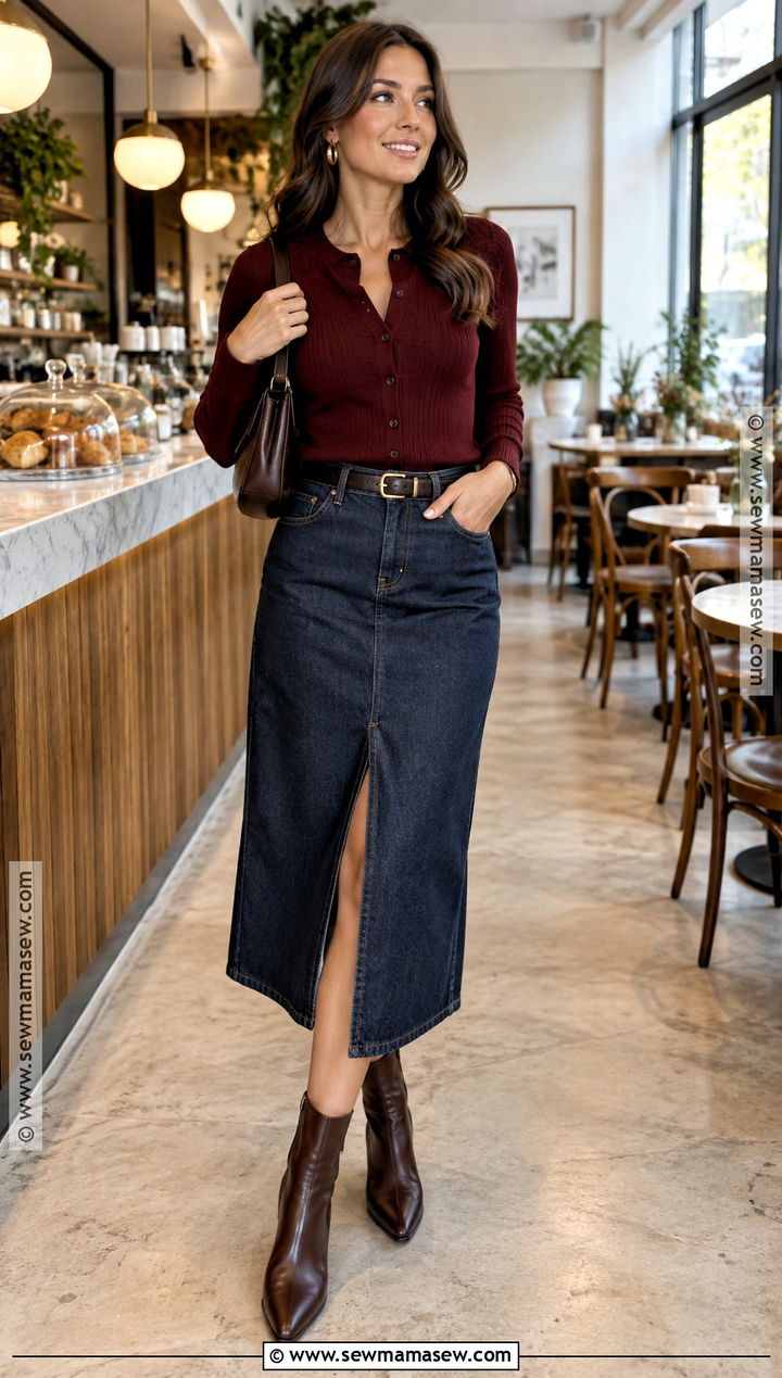 Denim Midi Skirt With Cardigan and Ankle Boots - 25 baby shower outfit for guest fall casual ideas