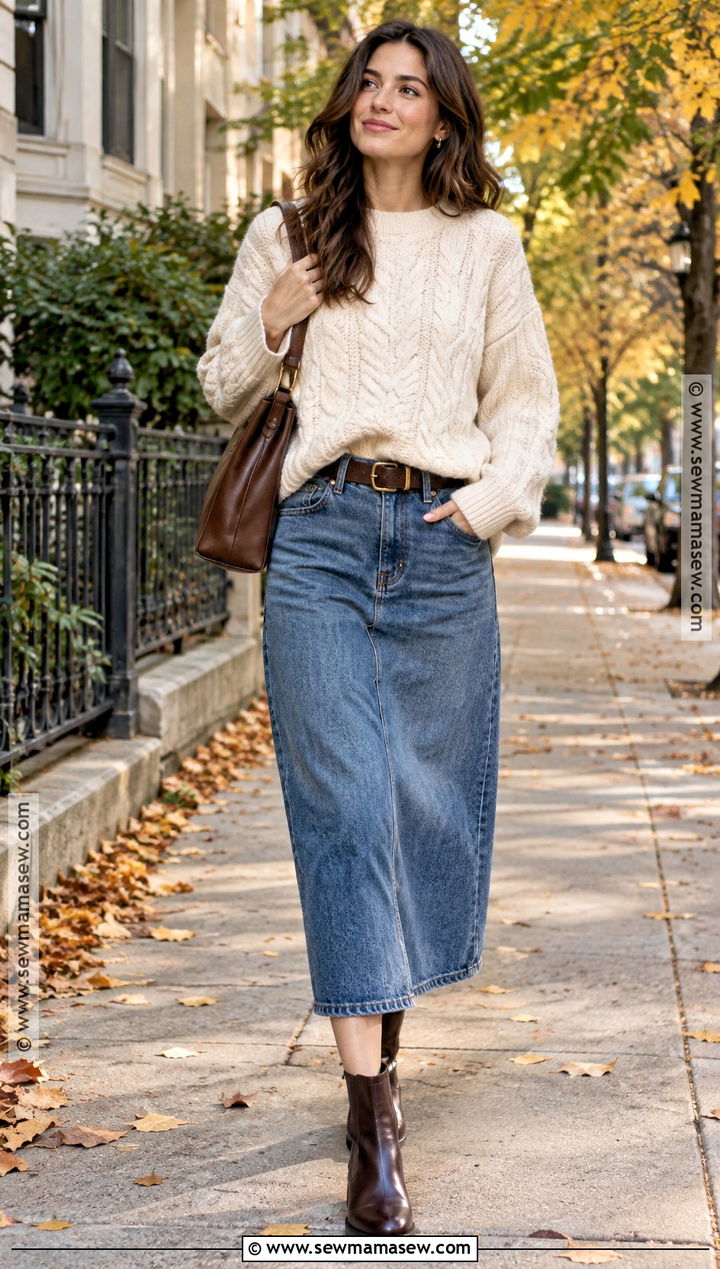 Denim Midi Skirt With Chunky Sweater And Chelsea Boots - 25 denim skirt outfit fall ideas