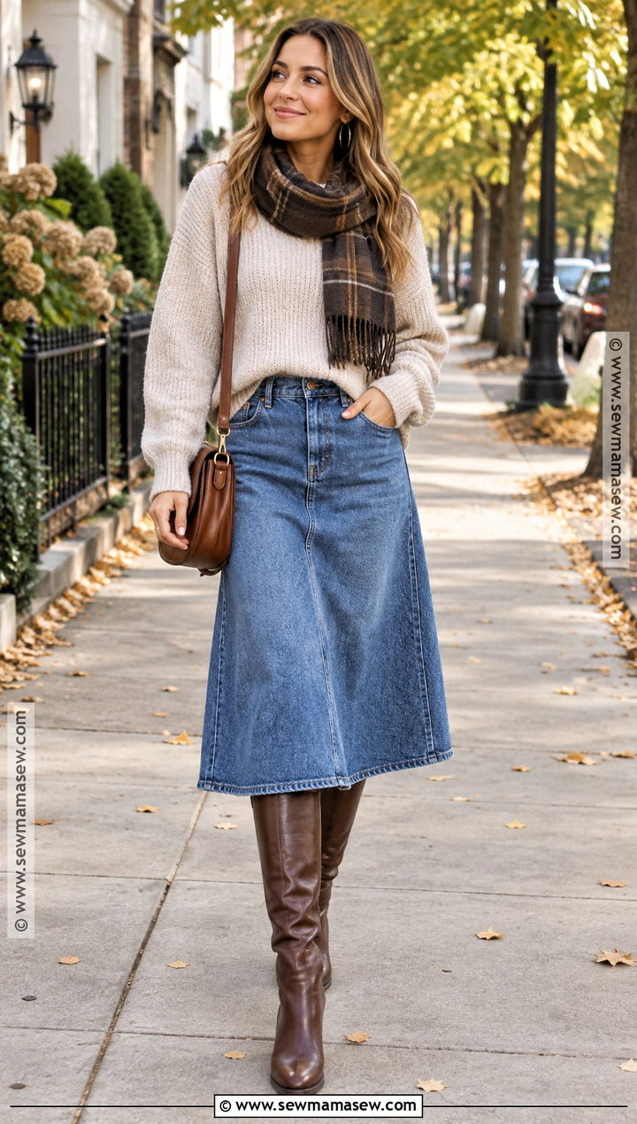Denim Midi Skirt With Chunky Sweater And Knee High Boots - 20 denim midi skirt outfit fall ideas