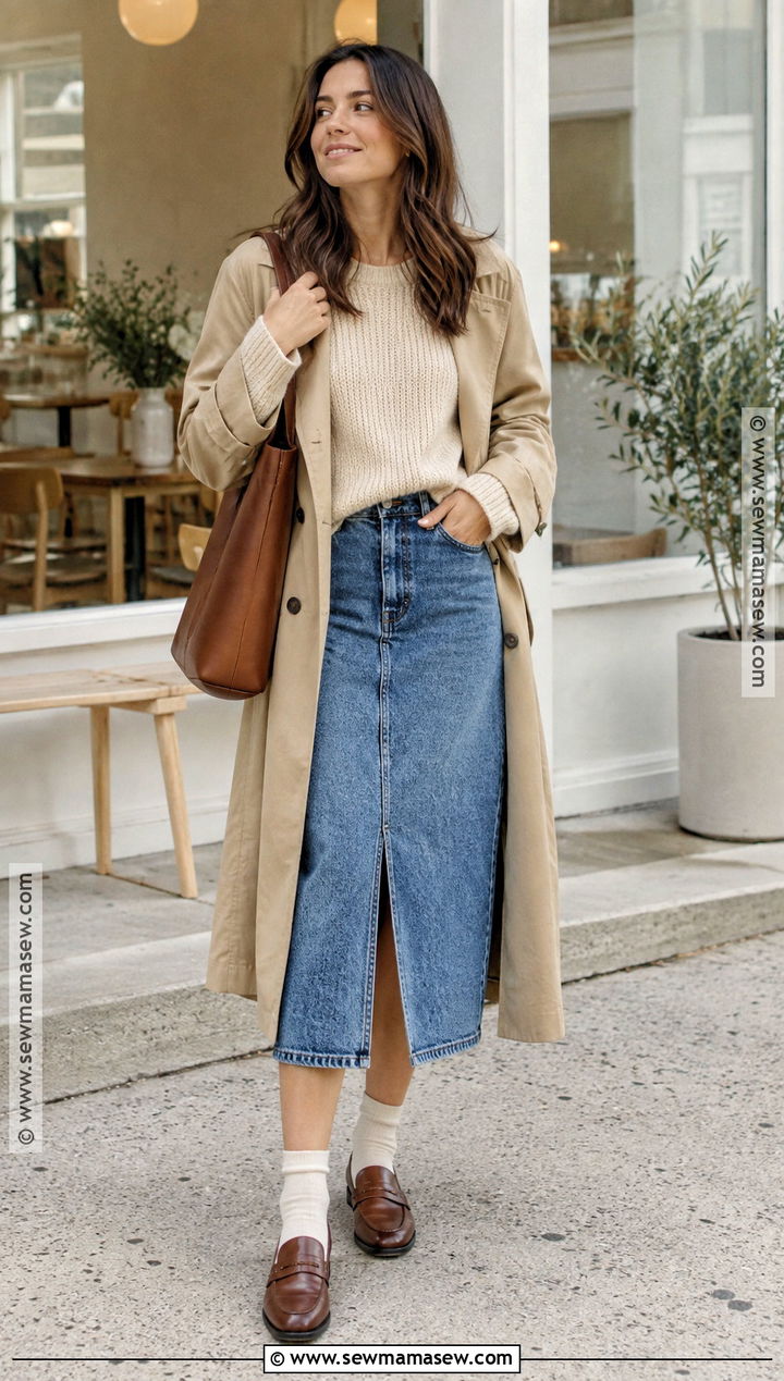 Denim Midi Skirt With Chunky Sweater And Loafers - 20 denim skirt autumn outfit ideas