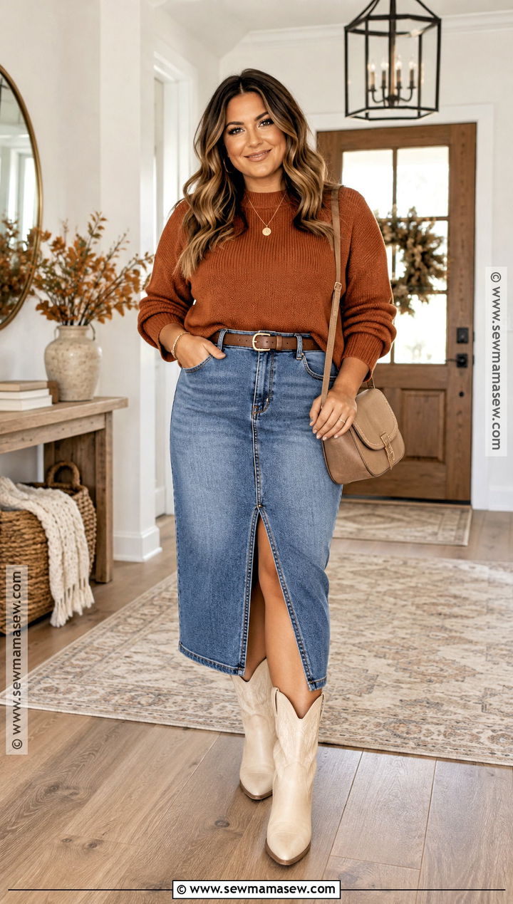 Denim Midi Skirt With Cream Cowboy Boots - 20 thanksgiving outfit cowboy boots