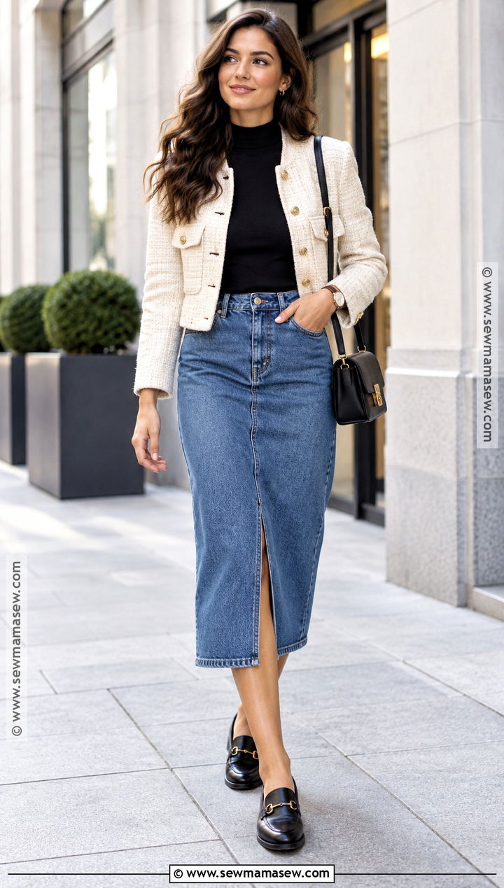 Denim Midi Skirt With Cropped Jacket And Mock Neck - 20 denim midi skirt outfit fall ideas