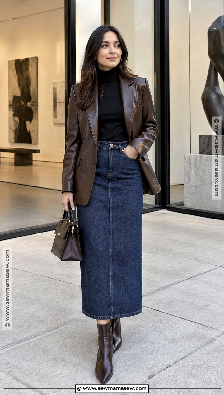Denim Midi Skirt With Leather Blazer And Turtleneck - 25 fall denim skirt outfits
