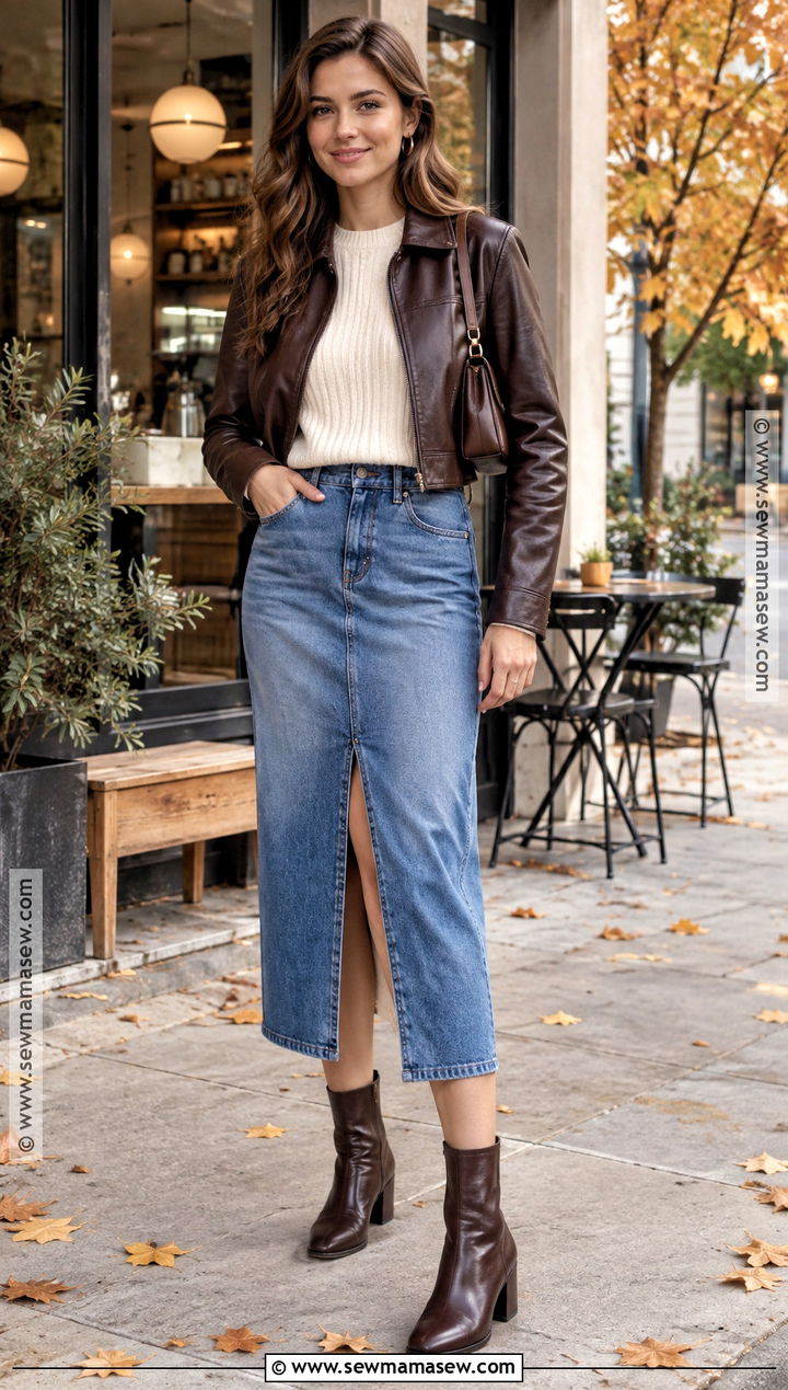 Denim Midi Skirt With Leather Jacket And Fitted Knit - 20 denim midi skirt outfit fall ideas