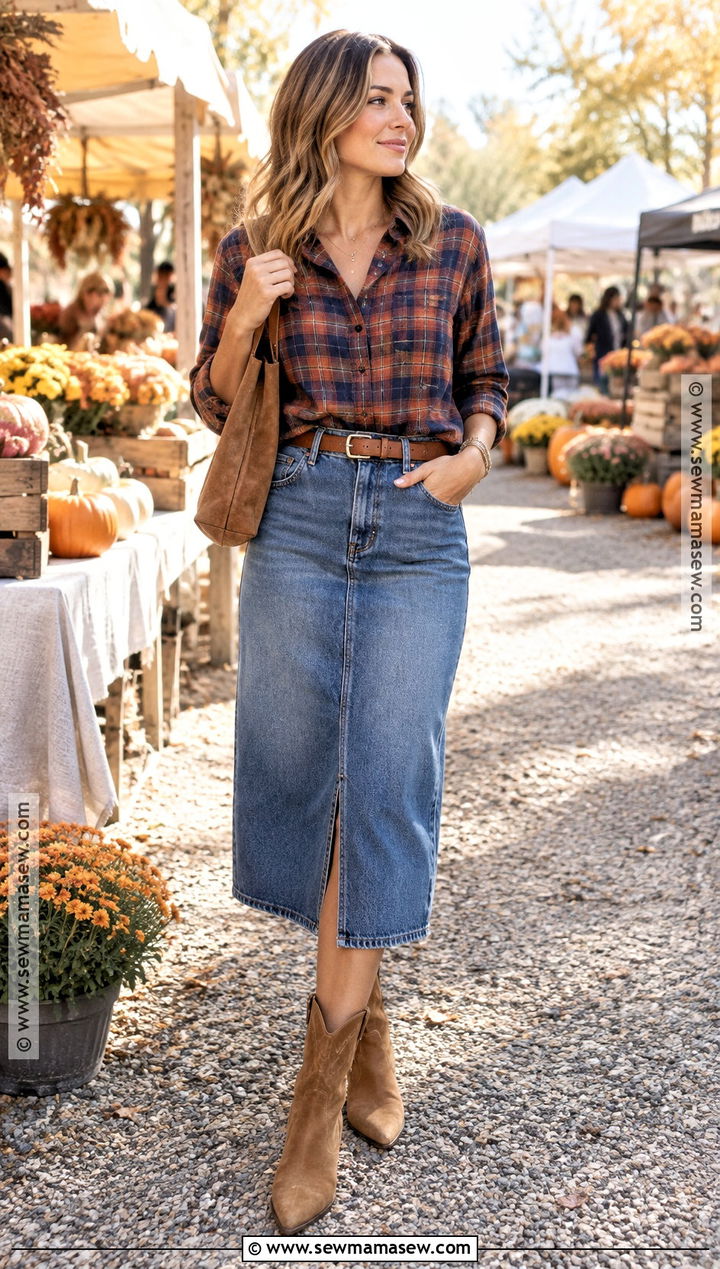 Denim Midi Skirt With Plaid Shirt And Western Boots - 20 denim skirt outfit autumn ideas