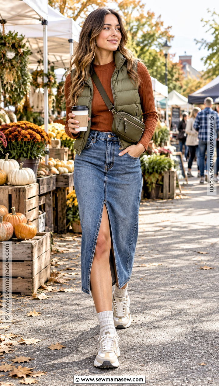 Denim Midi Skirt With Puffer Vest And Hiking Sneakers - 20 denim skirt autumn outfit ideas