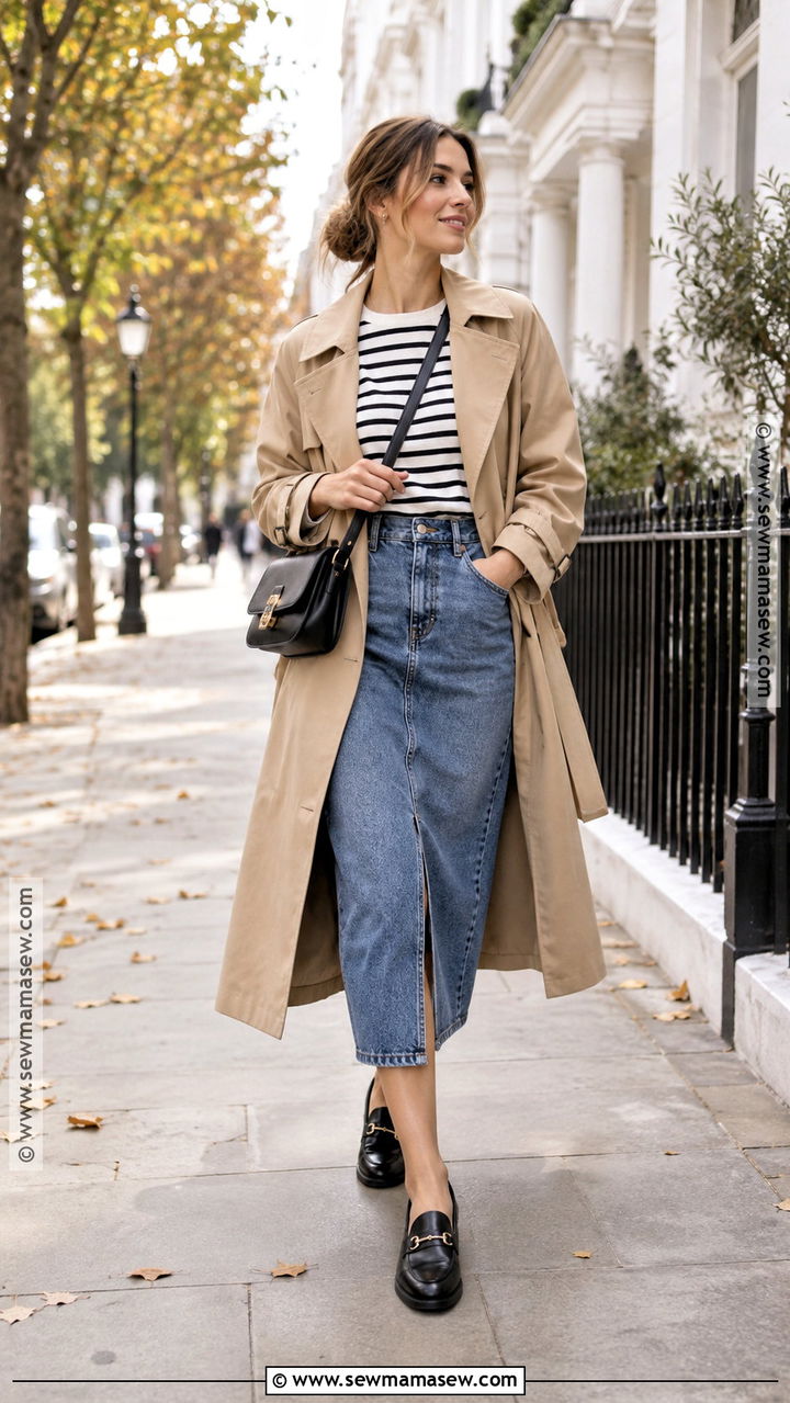 Denim Midi Skirt With Striped Shirt And Trench Coat - 20 autumn denim skirt outfit ideas