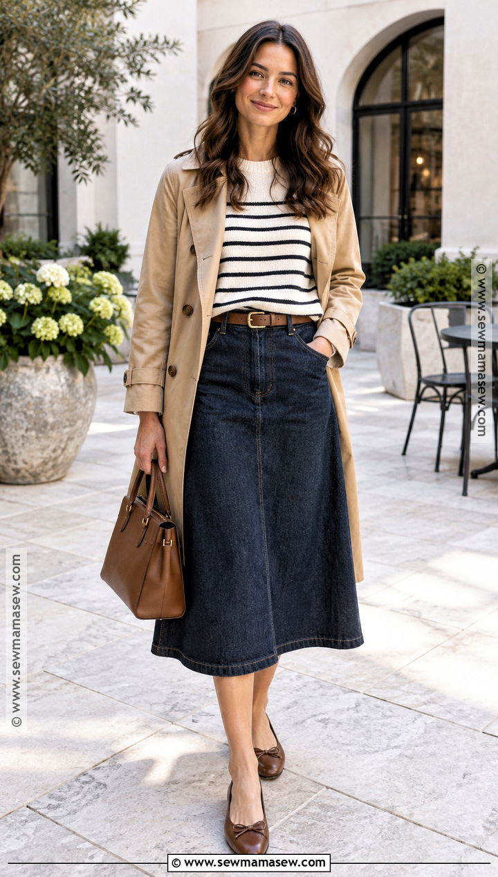 Denim Midi Skirt With Striped Sweater Fall Church Outfit - 20 sunday church outfits fall