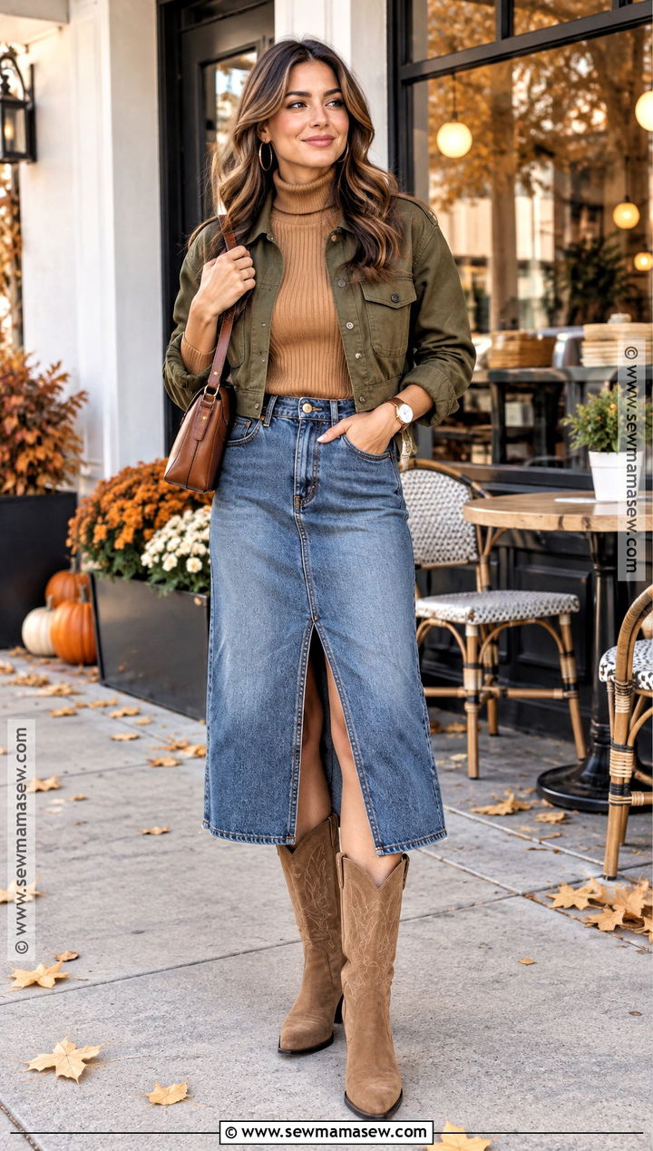 Denim Midi Skirt With Suede Cowboy Boots - 15 cowboy boots outfit fall 2026