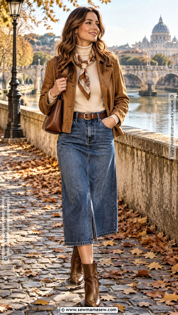 Denim Midi Skirt With Suede Jacket And Brown Boots - 25 fall denim skirt outfits