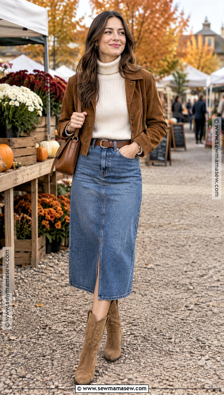 Denim Midi Skirt With Suede Jacket And Western Boots - 20 denim midi skirt outfit fall ideas