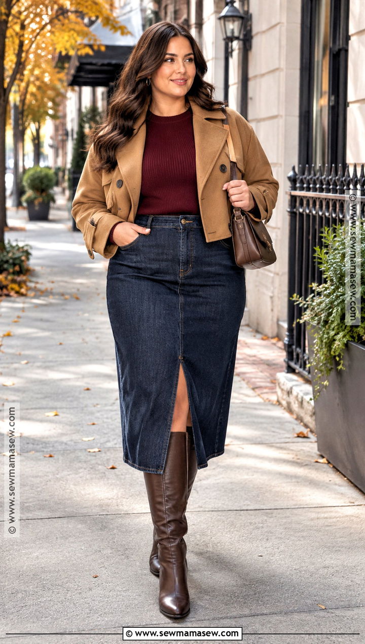 Denim Midi Skirt With Sweater And Boots - 25 fall day outfit ideas