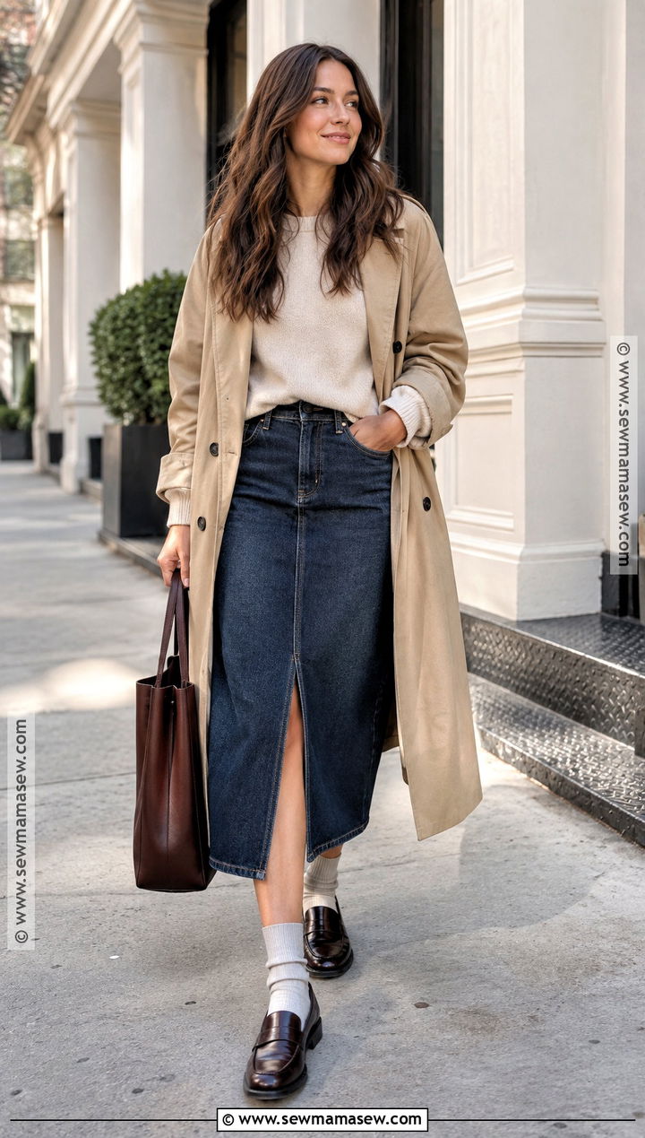 Denim Midi Skirt With Sweater And Loafers - 20 fall fits skirt