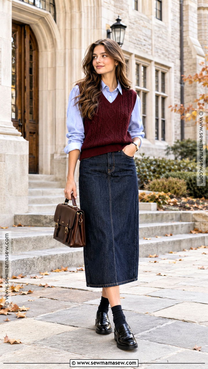 Denim Midi Skirt With Sweater Vest And Button Down - 20 autumn denim skirt outfit ideas