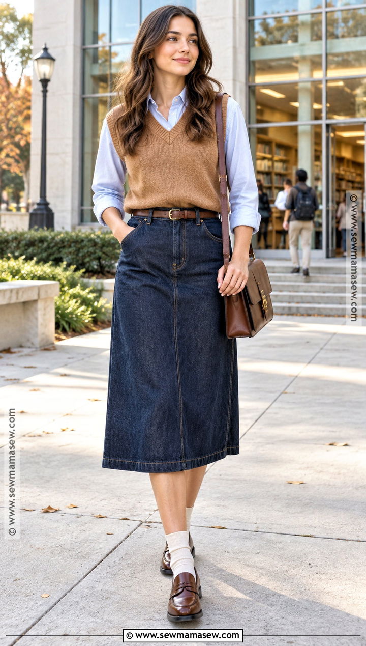 Denim Midi Skirt With Sweater Vest And Oxford Shirt - 20 denim midi skirt outfit fall ideas