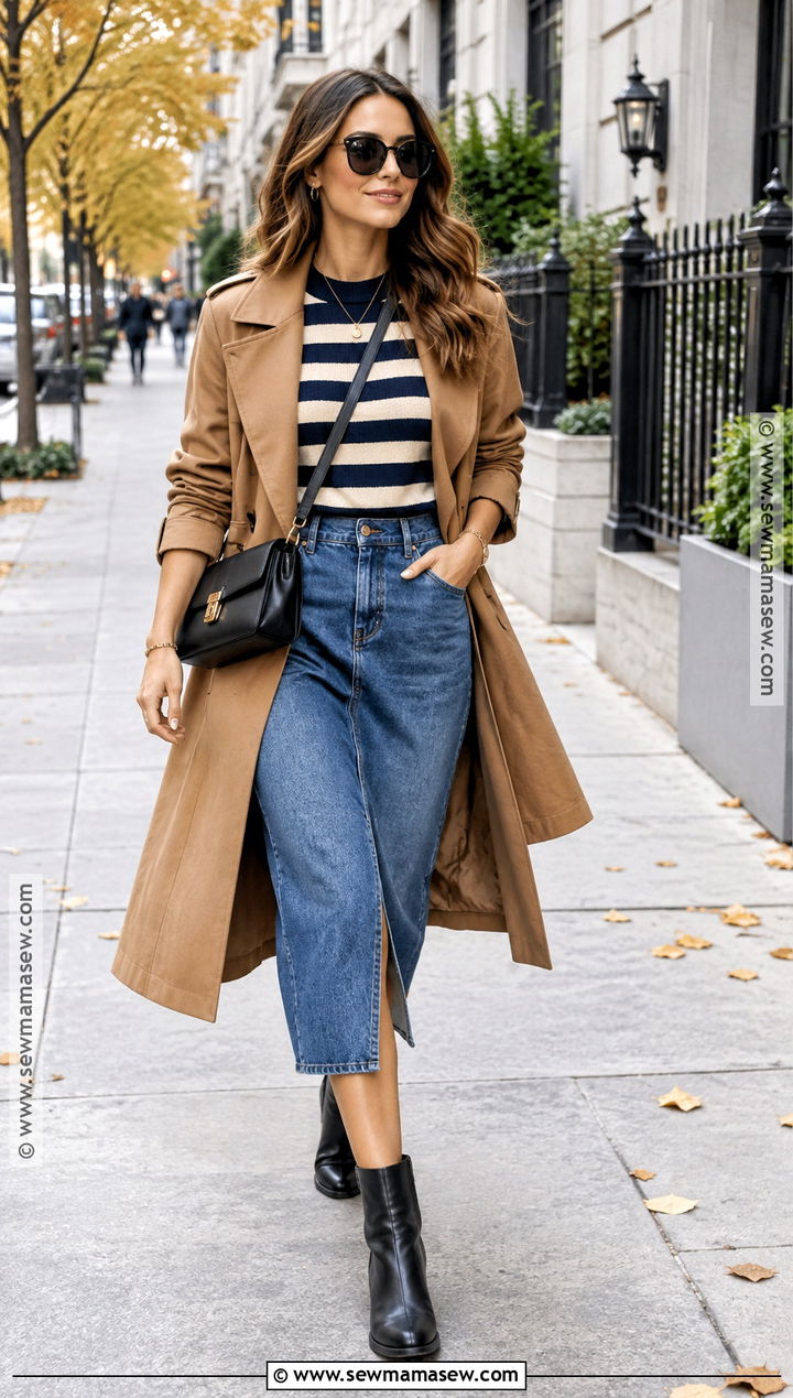 Denim Midi Skirt With Trench Coat And Striped Sweater - 20 denim midi skirt outfit fall ideas