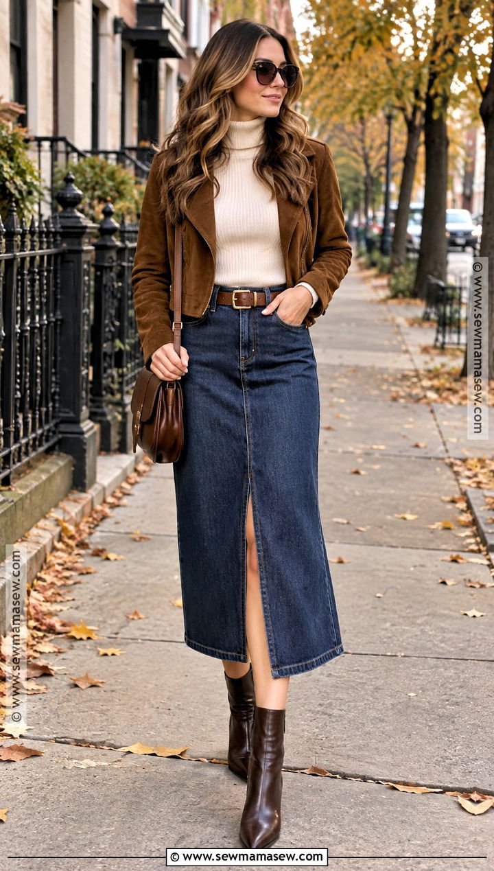 Denim Midi Skirt With Turtleneck And Ankle Boots - 30 fall skirt outfits