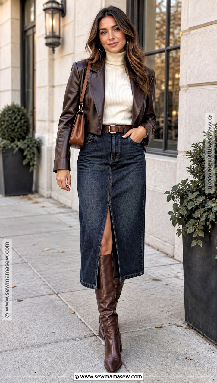 Denim Midi Skirt With Turtleneck And Boots - 20 fall dinner date outfit night out ideas