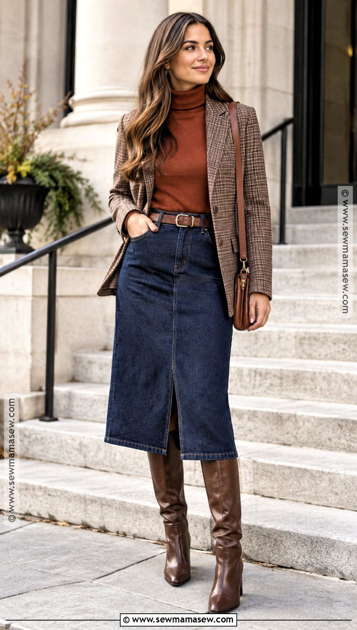 Denim Midi Skirt With Turtleneck - 20 casual church outfits fall