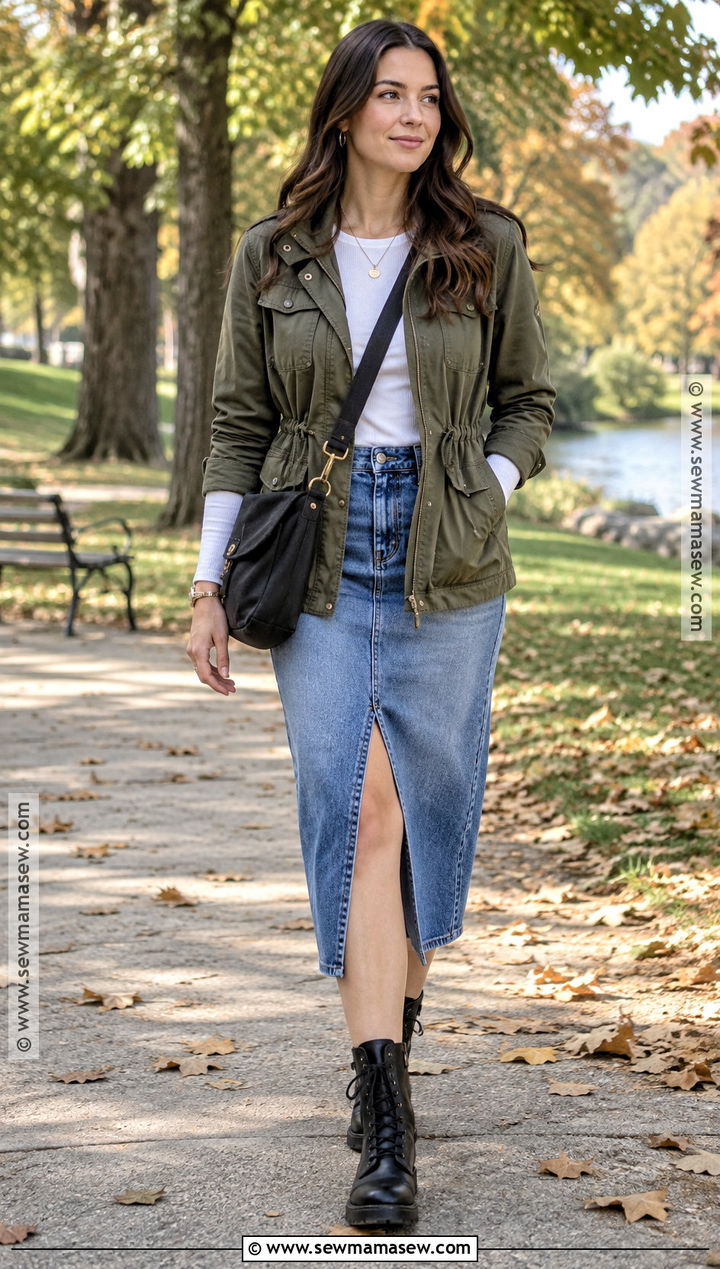 Denim Midi Skirt With Utility Jacket And Combat Boots - 20 denim midi skirt outfit fall ideas
