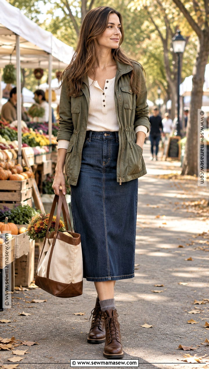 Denim Midi Skirt With Utility Jacket And Lace Up Boots - 25 denim skirt outfit fall ideas