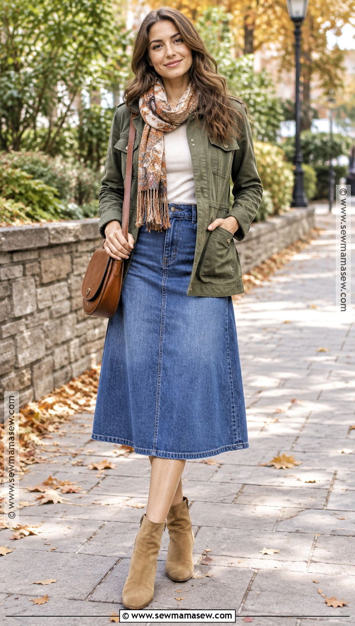 Denim Midi Skirt With Utility Jacket - 20 Denim Skirt Outfits Fall