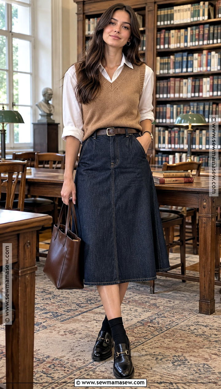 Denim Midi Skirt With Vest And Button Down Shirt - 25 fall denim skirt outfits